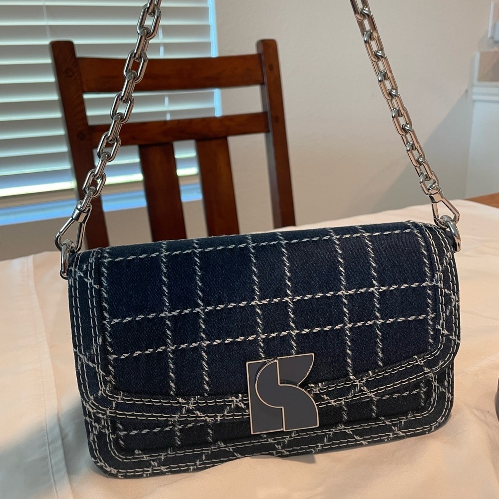 Kate Spade Dakota Blue Denim Crossbody with Silver Chain and Ivory Dust Bag